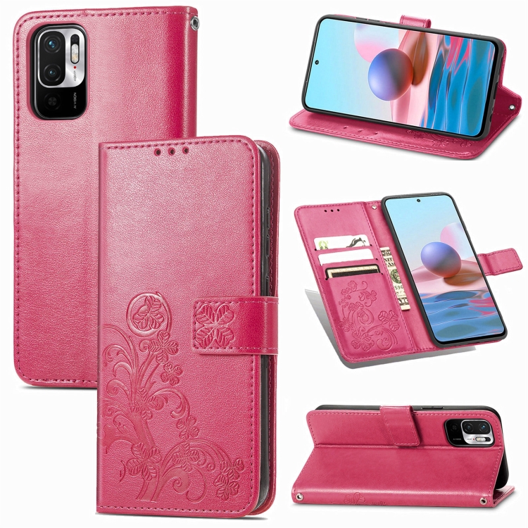 

For Xiaomi Redmi Note 10 5G Four-leaf Clasp Embossed Buckle Mobile Phone Protection Leather Case with Lanyard & Card Slot & Wallet & Bracket Function(Magenta)