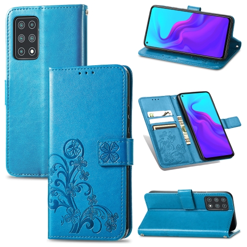 

For Cubot X30 Four-leaf Clasp Embossed Buckle Mobile Phone Protection Leather Case with Lanyard & Card Slot & Wallet & Bracket Function(Blue)