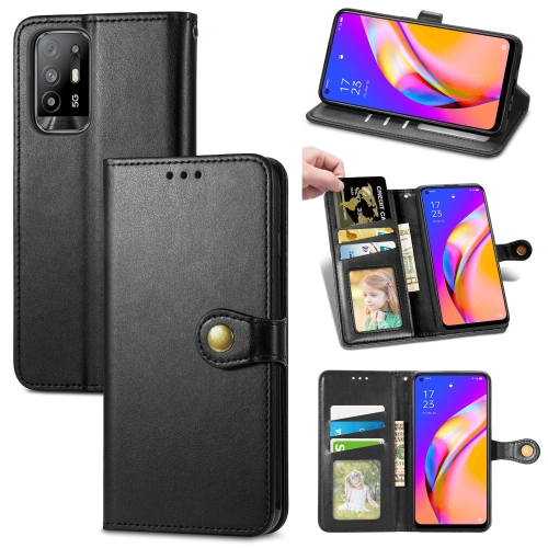 

For OPPO A94 5G /F19 Pro+ 5G /Reno5 Z Solid Color Leather Buckle Phone Case with Lanyard & Photo Frame & Card Slot & Wallet & Stand Function(Black)