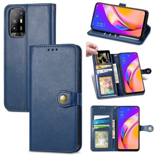 

For OPPO A94 5G /F19 Pro+ 5G /Reno5 Z Solid Color Leather Buckle Phone Case with Lanyard & Photo Frame & Card Slot & Wallet & Stand Function(Blue)