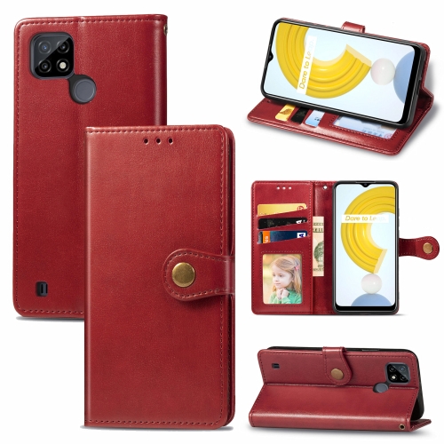 

For OPPO Realme C21 Solid Color Leather Buckle Phone Case with Lanyard & Photo Frame & Card Slot & Wallet & Stand Function(Red)