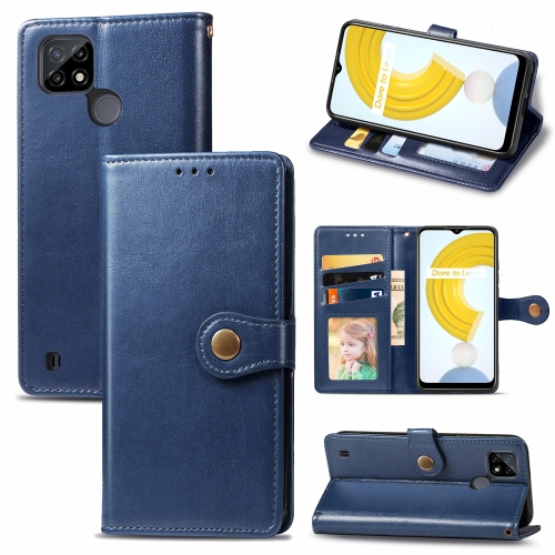 

For OPPO Realme C21 Solid Color Leather Buckle Phone Case with Lanyard & Photo Frame & Card Slot & Wallet & Stand Function(Blue)