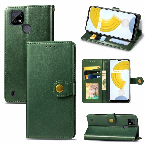

For OPPO Realme C21 Solid Color Leather Buckle Phone Case with Lanyard & Photo Frame & Card Slot & Wallet & Stand Function(Green)