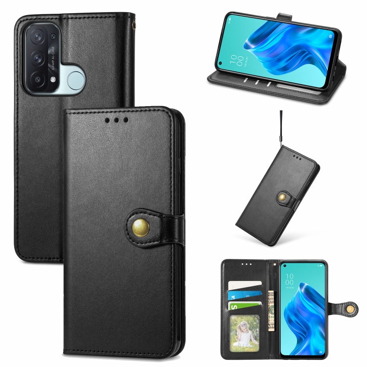 

For OPPO Reno5 A Solid Color Leather Buckle Phone Case with Lanyard & Photo Frame & Card Slot & Wallet & Stand Function(Black)