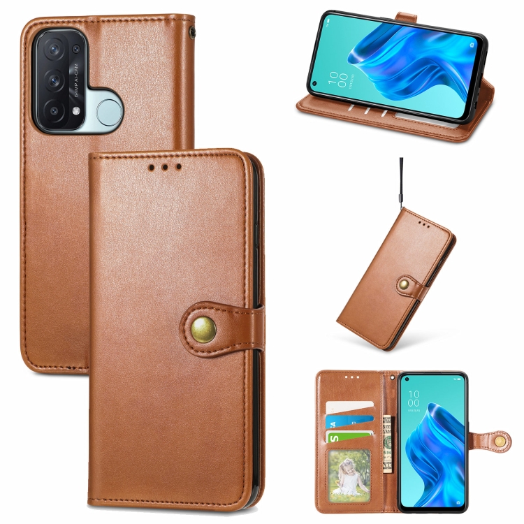 

For OPPO Reno5 A Solid Color Leather Buckle Phone Case with Lanyard & Photo Frame & Card Slot & Wallet & Stand Function(Brown)
