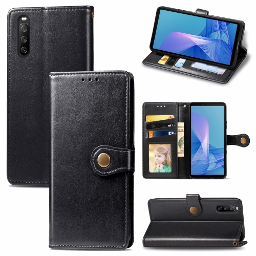 

For Sony Xperia 10 III Solid Color Leather Buckle Phone Case with Lanyard & Photo Frame & Card Slot & Wallet & Stand Function(Black)