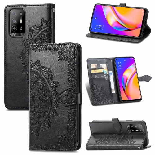 

For OPPO A94 5G / F19 Pro+ 5G /Reno5 Z Mandala Flower Embossed Horizontal Flip Leather Case with Holder & Three Card Slots & Wallet & Lanyard(Black)