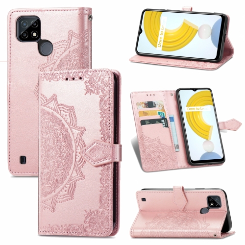 

For OPPO Realme C21 Mandala Flower Embossed Horizontal Flip Leather Case with Holder & Three Card Slots & Wallet & Lanyard(Rose Gold)