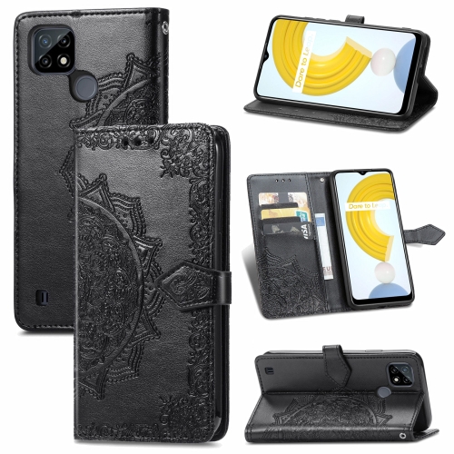 

For OPPO Realme C21 Mandala Flower Embossed Horizontal Flip Leather Case with Holder & Three Card Slots & Wallet & Lanyard(Black)