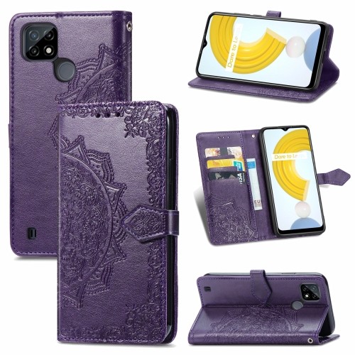 

For OPPO Realme C21 Mandala Flower Embossed Horizontal Flip Leather Case with Holder & Three Card Slots & Wallet & Lanyard(Purple)