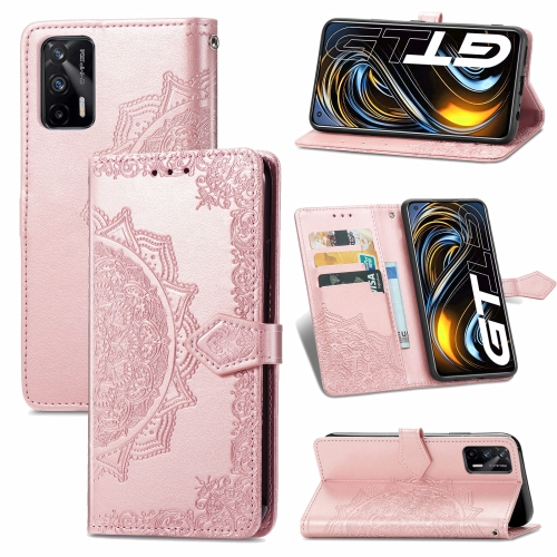 

For OPPO Realme GT 5G / Realme Q3 Pro 5G Mandala Flower Embossed Horizontal Flip Leather Case with Holder & Three Card Slots & Wallet & Lanyard(Rose Gold)