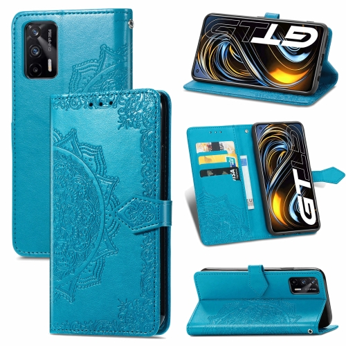 

For OPPO Realme GT 5G / Realme Q3 Pro 5G Mandala Flower Embossed Horizontal Flip Leather Case with Holder & Three Card Slots & Wallet & Lanyard(Blue)