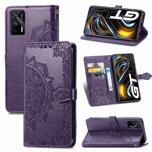 

For OPPO Realme GT 5G / Realme Q3 Pro 5G Mandala Flower Embossed Horizontal Flip Leather Case with Holder & Three Card Slots & Wallet & Lanyard(Purple)