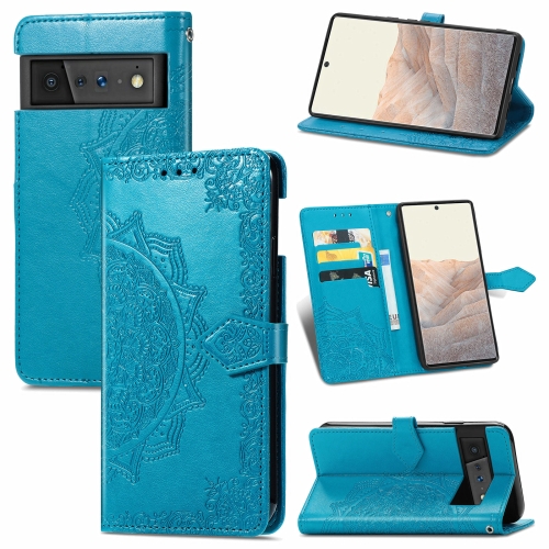 

For Google Pixel 6 Pro Mandala Flower Embossed Horizontal Flip Leather Case with Holder & Three Card Slots & Wallet & Lanyard(Blue)