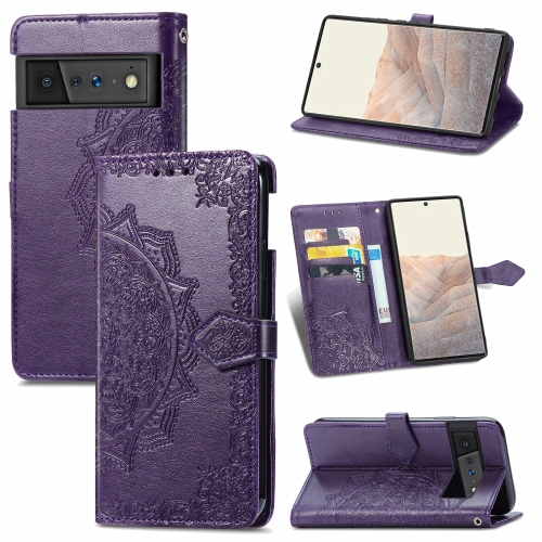

For Google Pixel 6 Pro Mandala Flower Embossed Horizontal Flip Leather Case with Holder & Three Card Slots & Wallet & Lanyard(Purple)