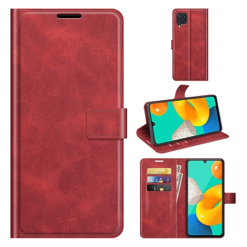 

Retro Calf Pattern Buckle Card Wallet Left and Right Flip Phone Holster with Bracket Function For Samsung Galaxy M32(Red)