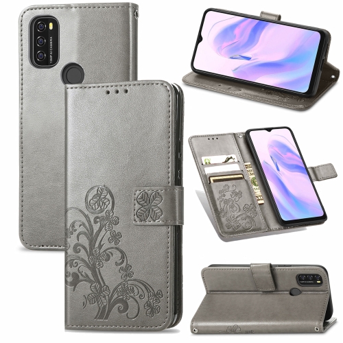 

For Blackview A70 Four-leaf Clasp Embossed Buckle Mobile Phone Protection Leather Case with Lanyard & Card Slot & Wallet & Bracket Function(Gray)