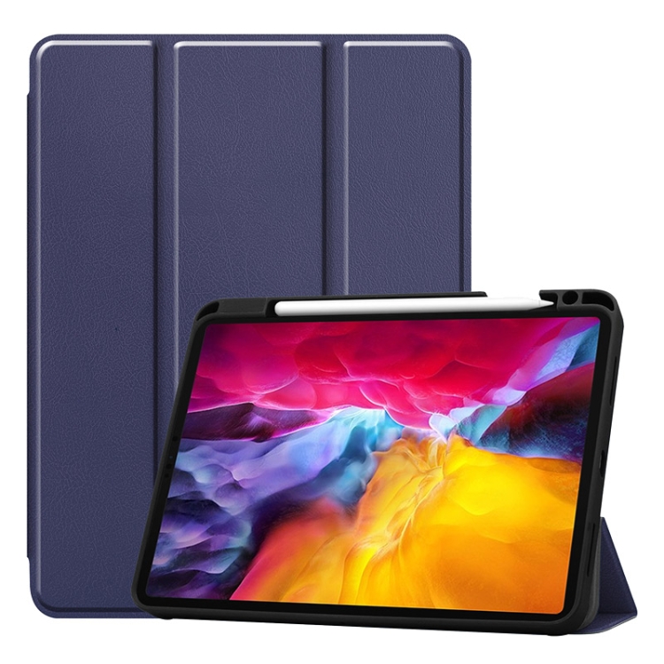 

ENKAY 3-Folding Shockproof TPU Cover Custer Texture PU Leather Tablet Case with Pencil Slot & Holder & Sleep / Wake-up Function for iPad Pro 11 2021 / 2020(Dark Blue)