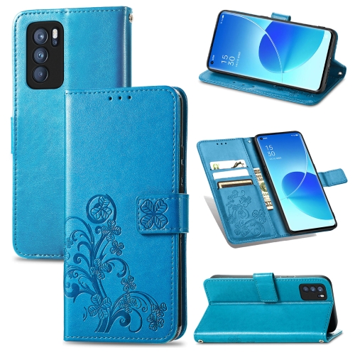 

For OPPO Reno6 Pro Four-leaf Clasp Embossed Buckle Mobile Phone Protection Leather Case with Lanyard & Card Slot & Wallet & Bracket Function(Blue)