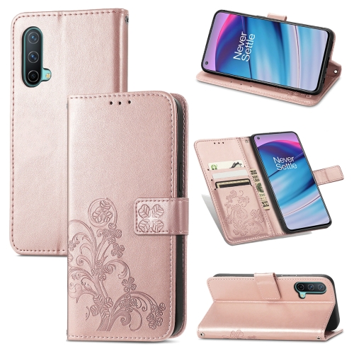 

For OnePlus Nord CE 5G Four-leaf Clasp Embossed Buckle Mobile Phone Protection Leather Case with Lanyard & Card Slot & Wallet & Bracket Function(Rose Gold)