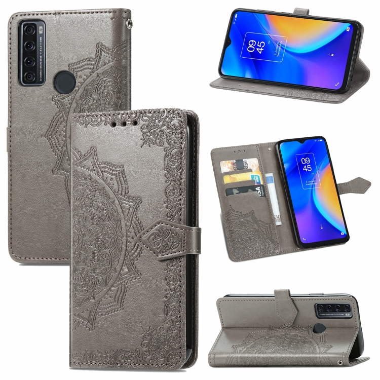 

For TCL 20 SE Mandala Flower Embossed Horizontal Flip Leather Case with Bracket / Card Slot / Wallet / Lanyard(Grey)