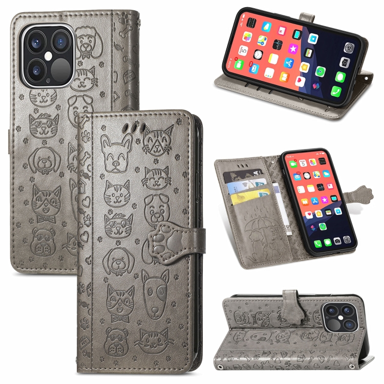 

Cute Cat and Dog Embossed Horizontal Flip Leather Case with Holder & Card Slots & Wallet & Lanyard For iPhone 13 Pro Max(Gray)