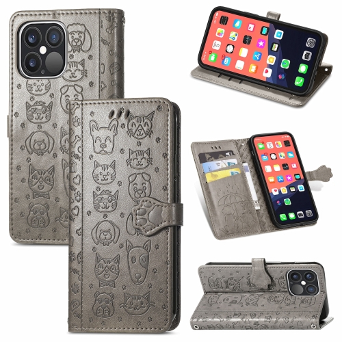 

Cute Cat and Dog Embossed Horizontal Flip Leather Case with Holder & Card Slots & Wallet & Lanyard For iPhone 13 Pro(Gray)