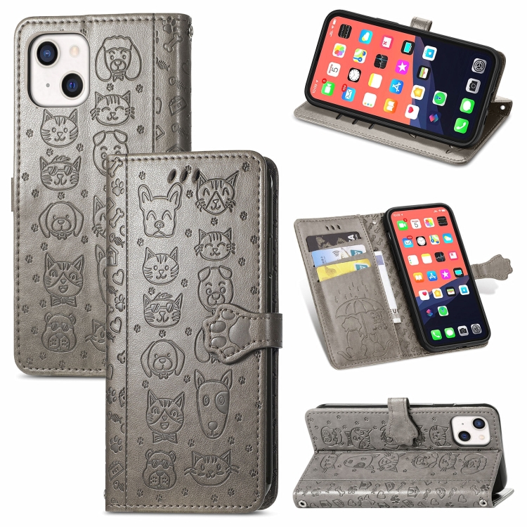 

Cute Cat and Dog Embossed Horizontal Flip Leather Case with Holder & Card Slots & Wallet & Lanyard For iPhone 13 mini(Gray)
