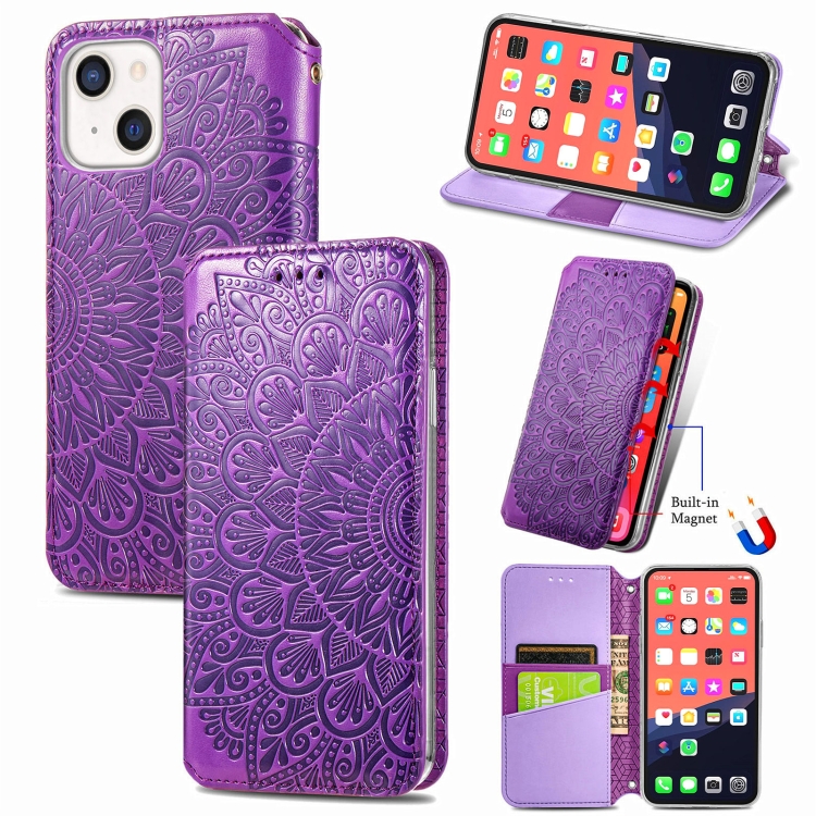 

For iPhone 13 mini Blooming Mandala Embossed Pattern Magnetic Horizontal Flip Leather Case with Holder & Card Slots & Wallet(Purple)