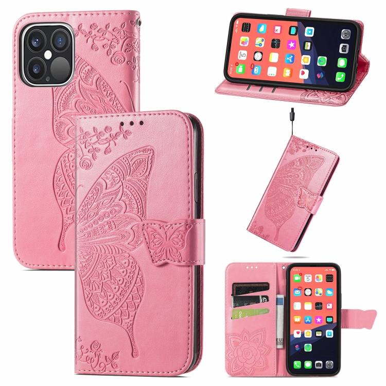 

Butterfly Love Flower Embossed Horizontal Flip Leather Case with Bracket / Card Slot / Wallet / Lanyard For iPhone 13 Pro Max(Pink)