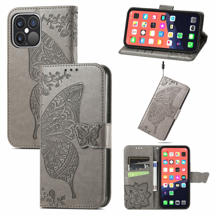 

Butterfly Love Flower Embossed Horizontal Flip Leather Case with Bracket / Card Slot / Wallet / Lanyard For iPhone 13 Pro Max(Grey)