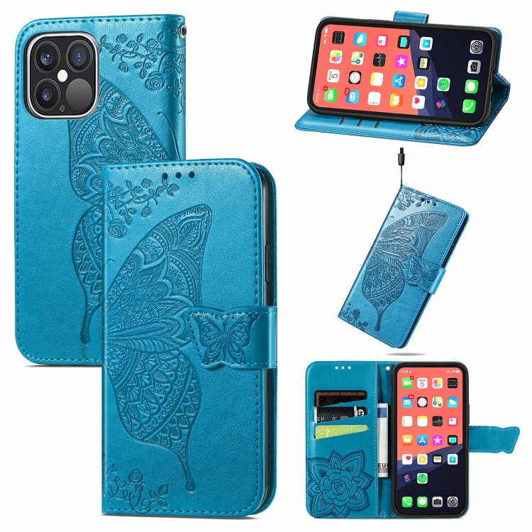 

Butterfly Love Flower Embossed Horizontal Flip Leather Case with Bracket / Card Slot / Wallet / Lanyard For iPhone 13 Pro(Blue)