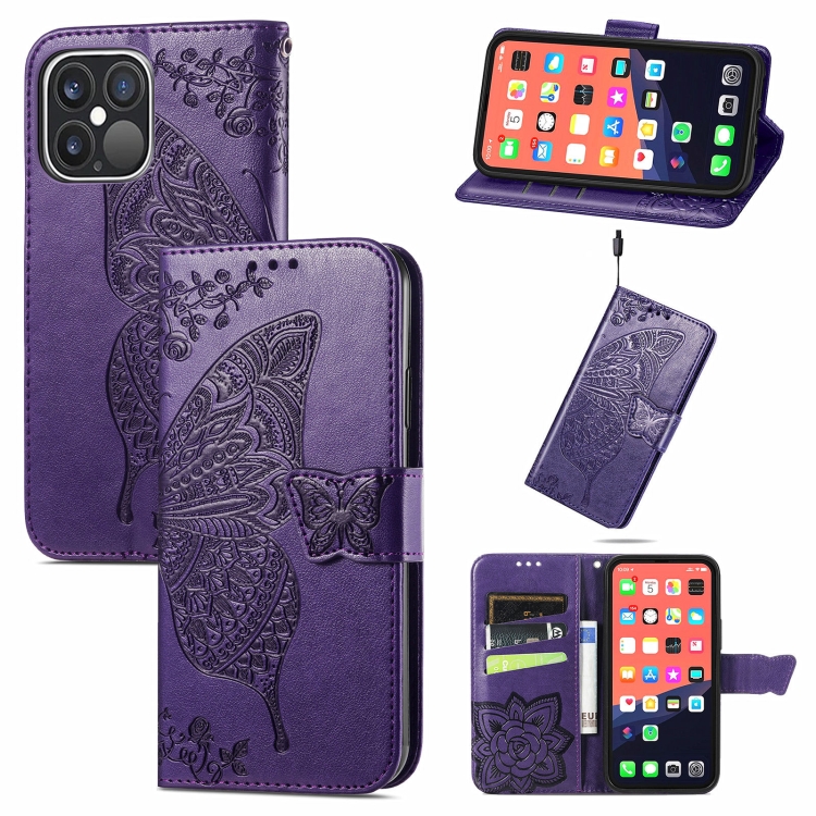 

Butterfly Love Flower Embossed Horizontal Flip Leather Case with Bracket / Card Slot / Wallet / Lanyard For iPhone 13 Pro(Light Purple)