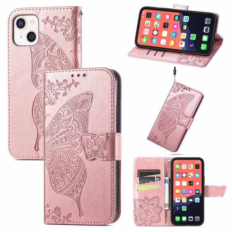 

Butterfly Love Flower Embossed Horizontal Flip Leather Case with Bracket / Card Slot / Wallet / Lanyard For iPhone 13 mini(Rose Gold)
