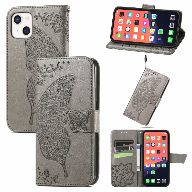 

Butterfly Love Flower Embossed Horizontal Flip Leather Case with Bracket / Card Slot / Wallet / Lanyard For iPhone 13 mini(Grey)