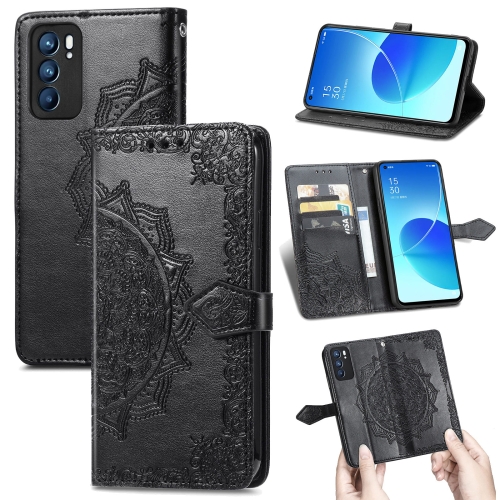 

For OPPO Reno6 5G Mandala Flower Embossed Horizontal Flip Leather Case with Holder & Three Card Slots & Wallet & Lanyard(Black)