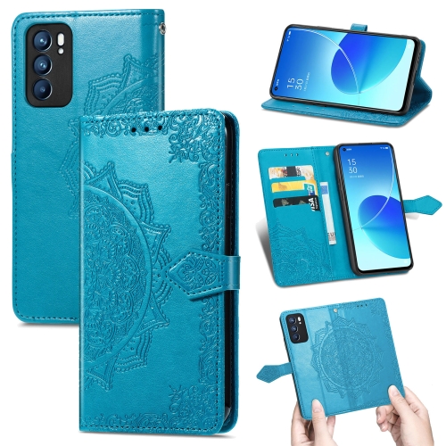 

For OPPO Reno6 5G Mandala Flower Embossed Horizontal Flip Leather Case with Holder & Three Card Slots & Wallet & Lanyard(Blue)