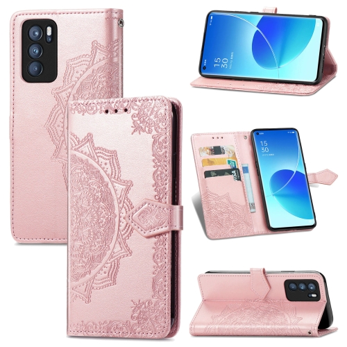 

For OPPO Reno6 Pro 5G Mandala Flower Embossed Horizontal Flip Leather Case with Holder & Three Card Slots & Wallet & Lanyard(Rose Gold)