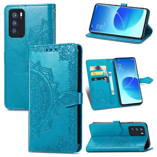 

For OPPO Reno6 Pro 5G Mandala Flower Embossed Horizontal Flip Leather Case with Holder & Three Card Slots & Wallet & Lanyard(Blue)