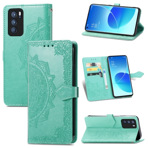 

For OPPO Reno6 Pro 5G Mandala Flower Embossed Horizontal Flip Leather Case with Holder & Three Card Slots & Wallet & Lanyard(Green)