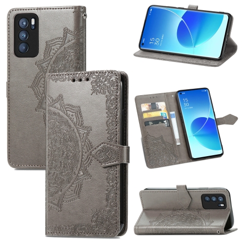 

For OPPO Reno6 Pro 5G Mandala Flower Embossed Horizontal Flip Leather Case with Holder & Three Card Slots & Wallet & Lanyard(Grey)