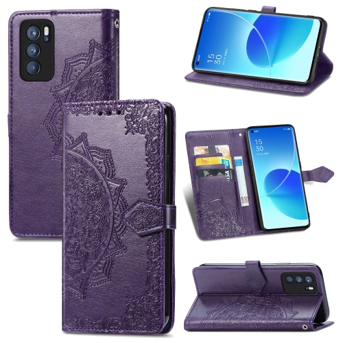 

For OPPO Reno6 Pro 5G Mandala Flower Embossed Horizontal Flip Leather Case with Holder & Three Card Slots & Wallet & Lanyard(Purple)