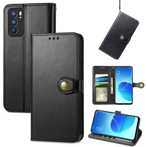 

For OPPO Reno6 5G Solid Color Leather Buckle Phone Case with Lanyard & Photo Frame & Card Slot & Wallet & Stand Function(Black)