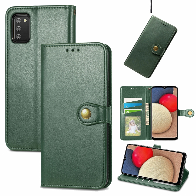 

For Samsung Galaxy A03s Solid Color Leather Buckle Phone Case with Lanyard & Photo Frame & Card Slot & Wallet & Stand Function(Green)