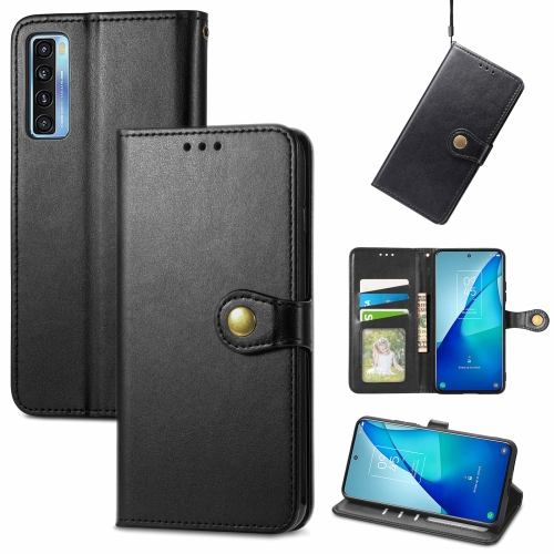 

For TCL 20S Solid Color Leather Buckle Phone Case with Lanyard & Photo Frame & Card Slot & Wallet & Stand Function(Black)