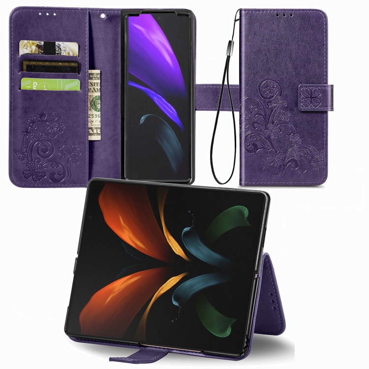 

For Samsung Galaxy Z Fold3 Four-leaf Clasp Embossed Buckle Mobile Phone Protection Leather Case with Lanyard & Card Slot & Wallet & Bracket Function(Purple)