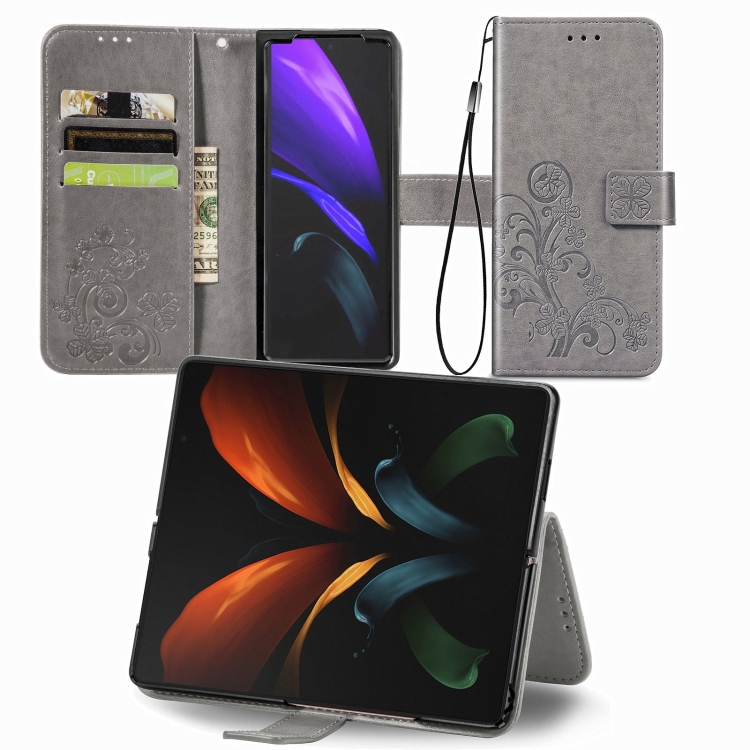 

For Samsung Galaxy Z Fold3 Four-leaf Clasp Embossed Buckle Mobile Phone Protection Leather Case with Lanyard & Card Slot & Wallet & Bracket Function(Gray)
