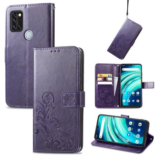 

For UMIDIGI A9 Pro Four-leaf Clasp Embossed Buckle Mobile Phone Protection Leather Case with Lanyard & Card Slot & Wallet & Bracket Function(Purple)