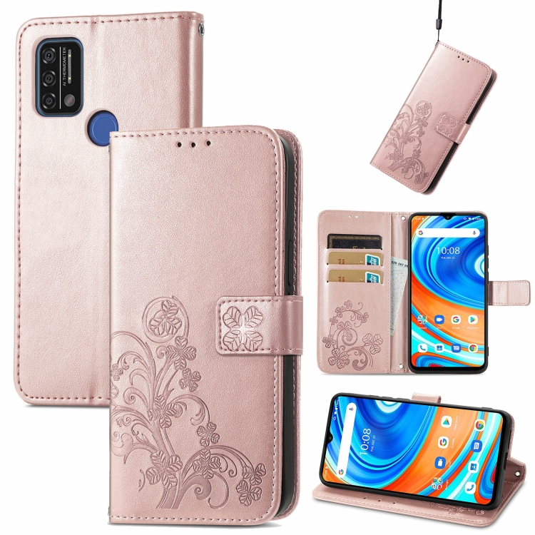 

For UMIDIGI A9 Four-leaf Clasp Embossed Buckle Mobile Phone Protection Leather Case with Lanyard & Card Slot & Wallet & Bracket Function(Rose Gold)