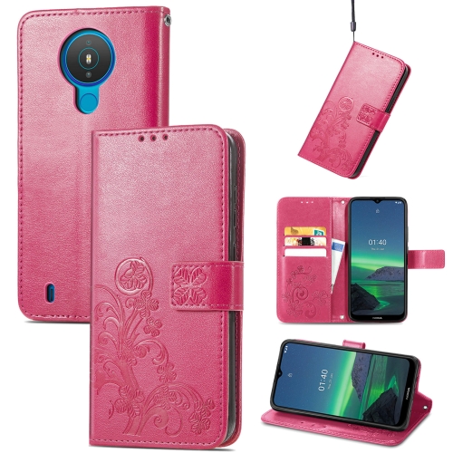 

For Nokia 1.4 Four-leaf Clasp Embossed Buckle Mobile Phone Protection Leather Case with Lanyard & Card Slot & Wallet & Bracket Function(Magenta)